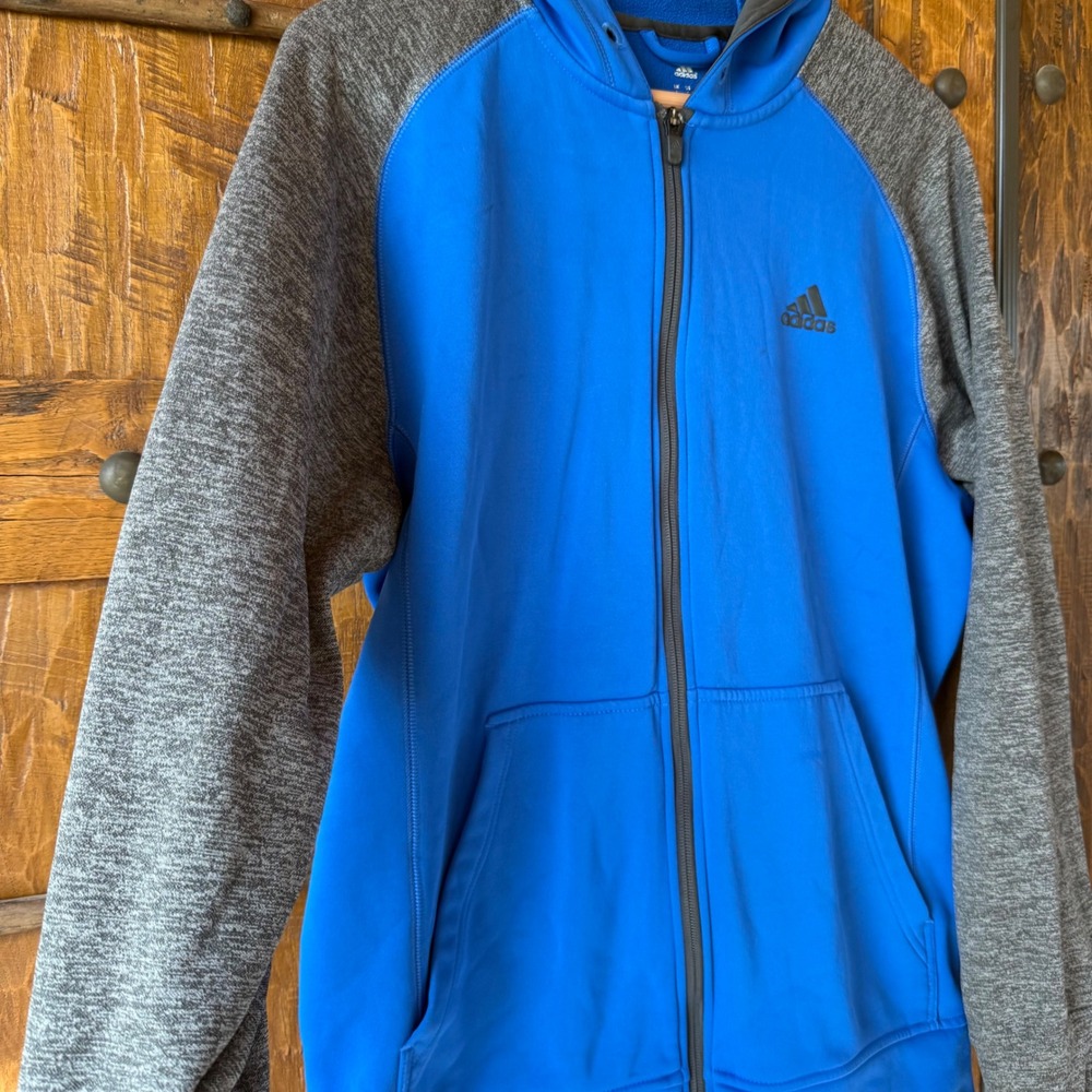 Adidas Full Zip Hoodie Mens Large Blue Gray Climawarm Fleece Raglan Jacket - Picture 9 of 9